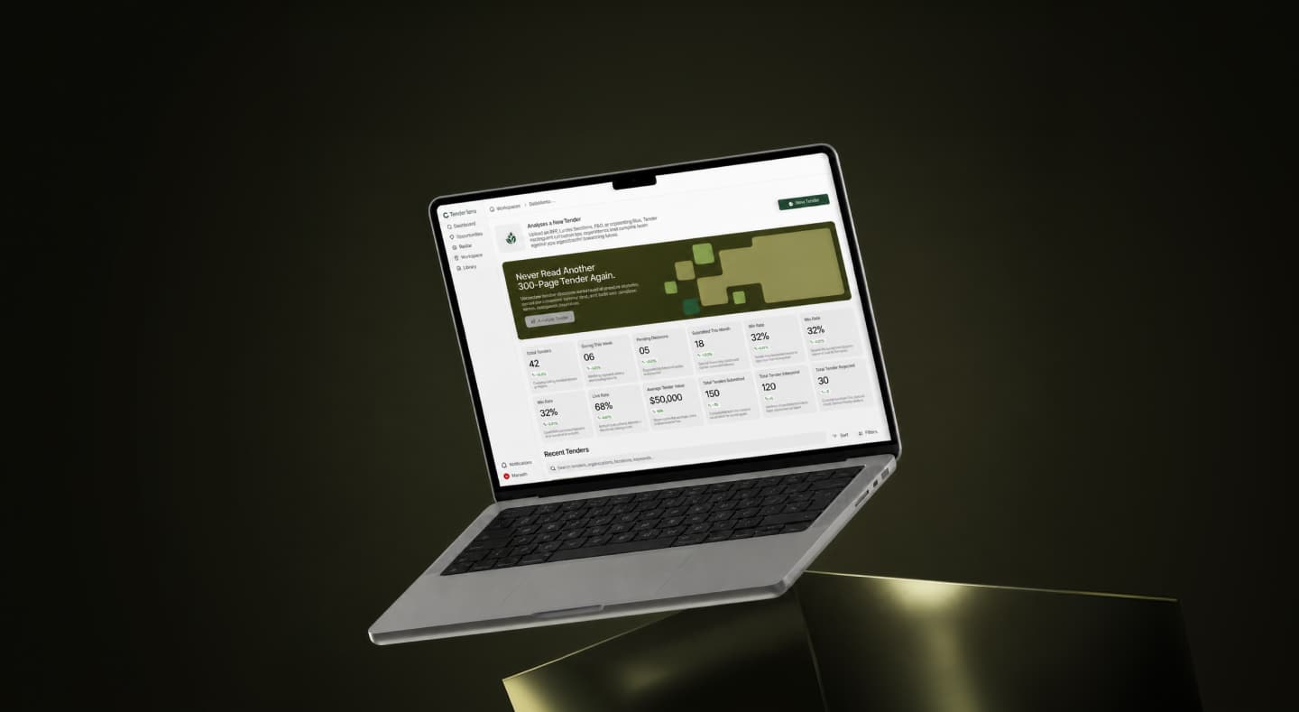 TenderLens dashboard on a laptop