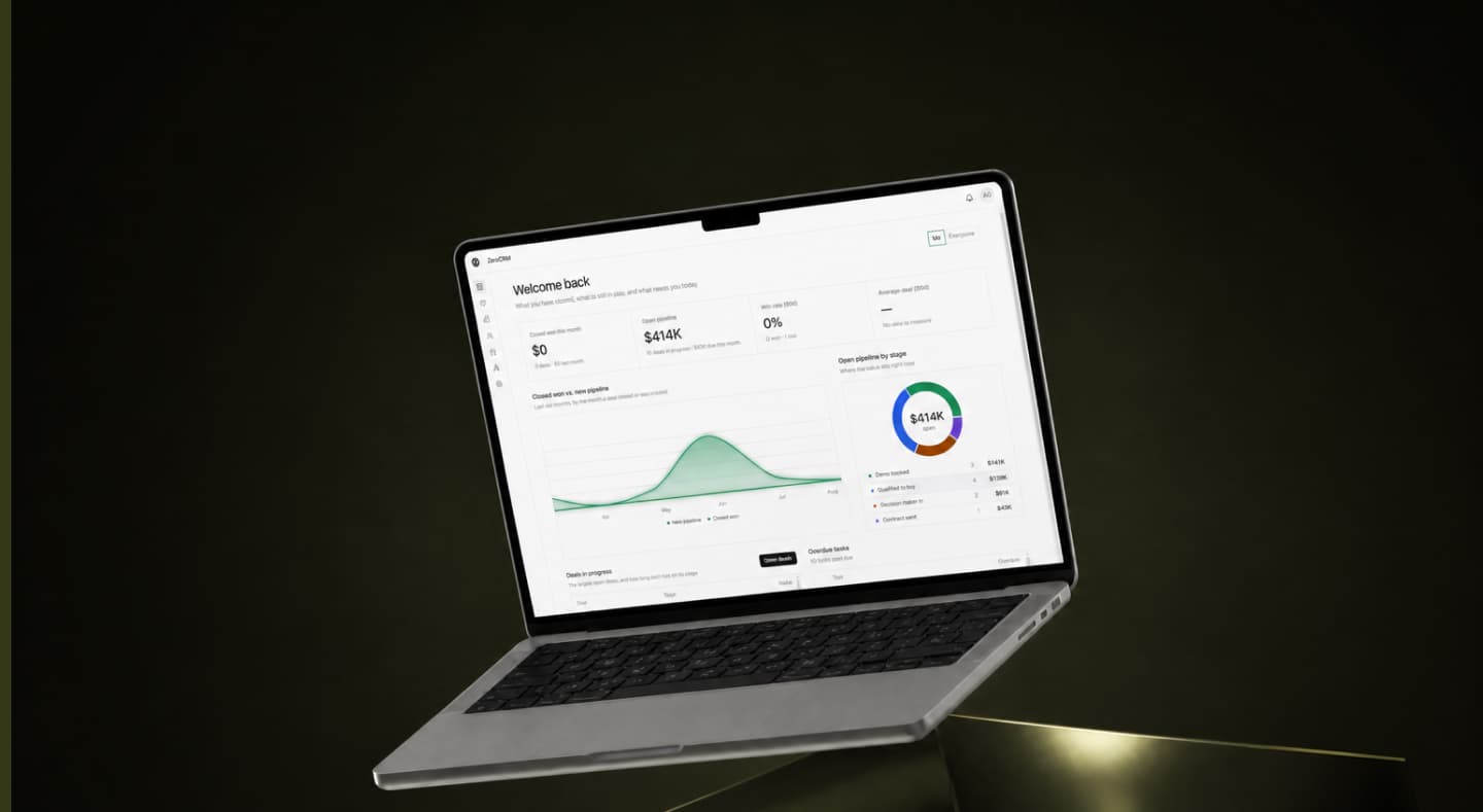 ZeroCRM pipeline dashboard on a laptop