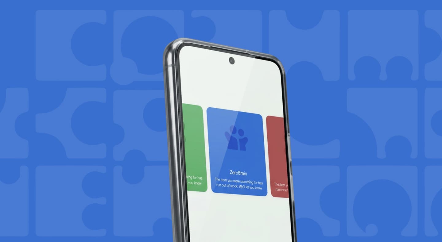 ZeroDesk on a phone showing ZeroBrain cards over a blue puzzle pattern
